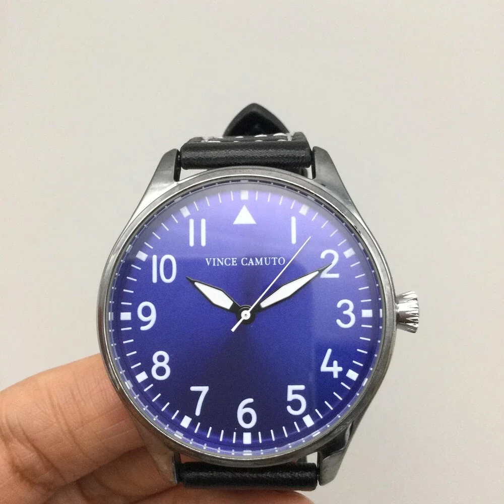 Vince Camuto Mens Watch 42mm Blue Dial Black Leather Stainless New Battery